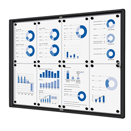 Bacheca per interni - con ante battenti -  8 fogli a4 - cornice nera - orizzontale - showdown