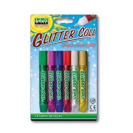 Busta 6 tubi colla glitter assortito 10,5ml lavabile non-tossica lebez