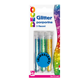 Blister glitter 3 flaconi grana fine 12ml colori assortiti iridescenti cwr