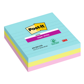 Blocco post it  super sticky - 675-3ss-cos - 100 x 100 mm - righe - 90 fogli - colori cosmic - post it  - conf. 3 pezzi