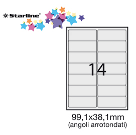 Etichetta adesiva bianca 100fg a4 99,1x38,1mm (14et/fg) angoli tondi starline