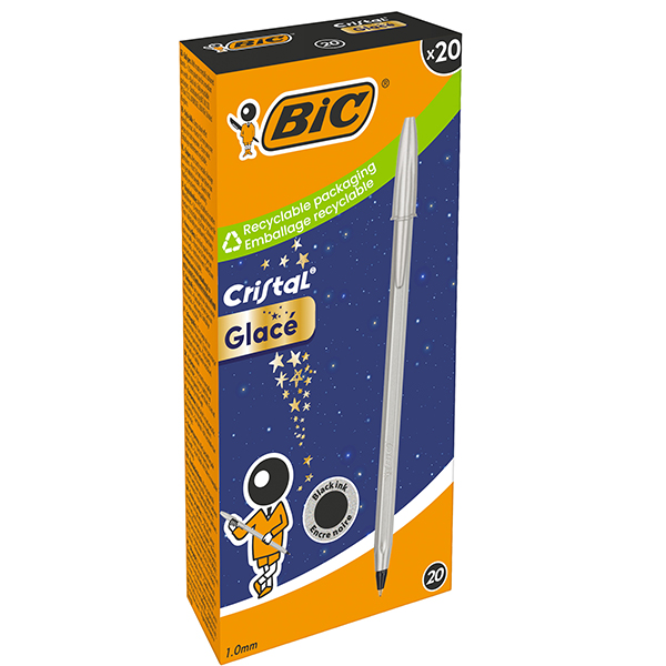 Penna sfera cristal glacè - 1.0 mm - inchiostro nero - fusto argento - bic - conf. 20 pezzi