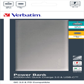 Verbatim powerbank qc3 20000mah grey / silver metal